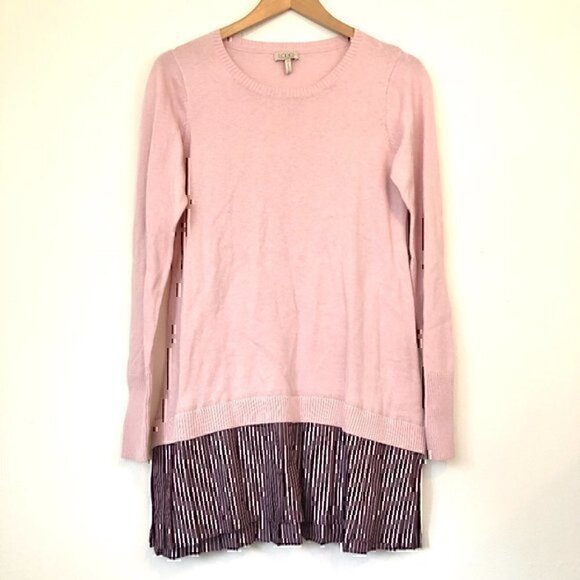 LOGO LORI GOLDSTEIN Cotton Cashmere Sweater with Striped Trim Pink Purple XS - Picture 2 of 12